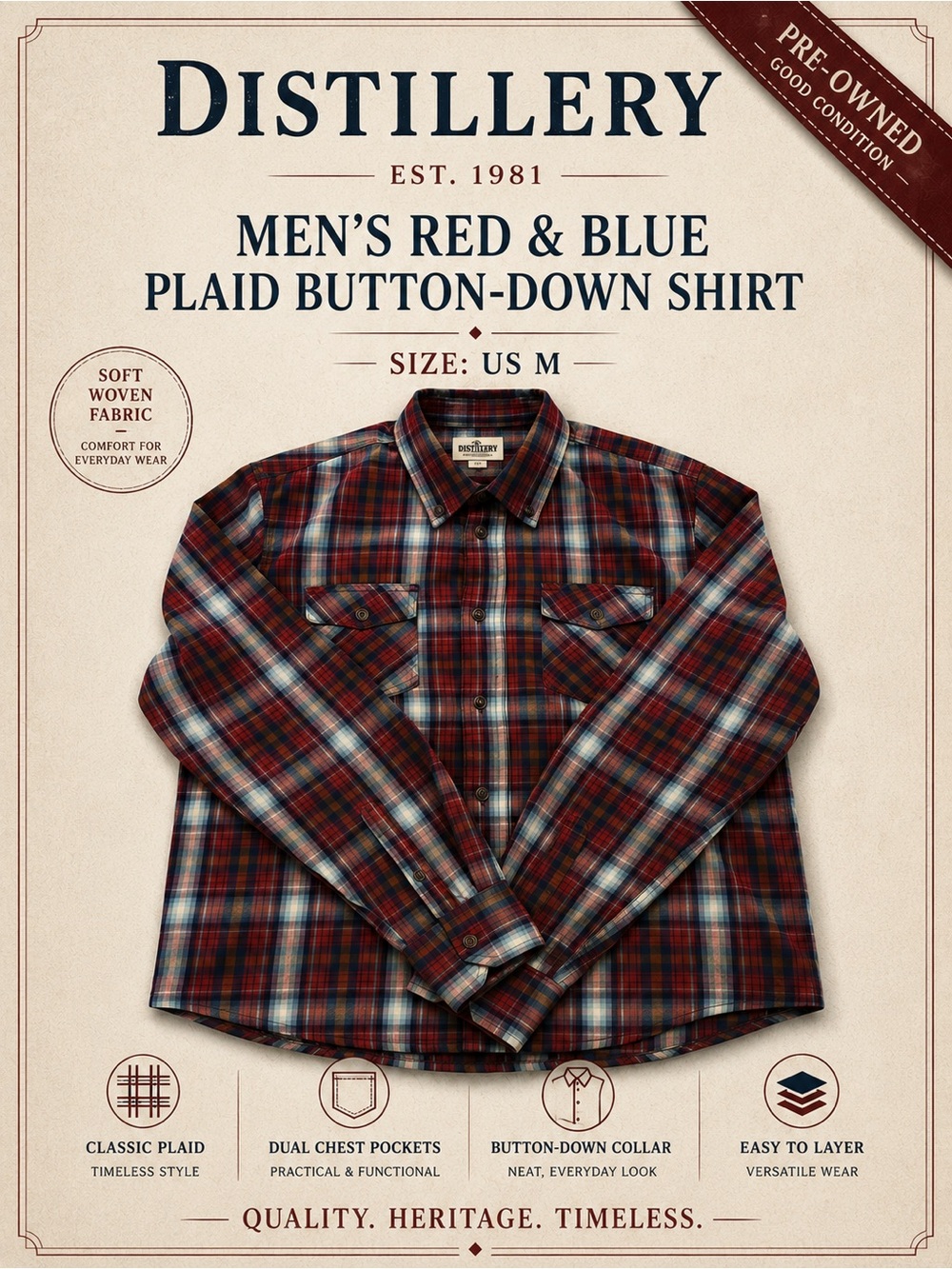 Men's Red & Blue Plaid Button-Down Shirt